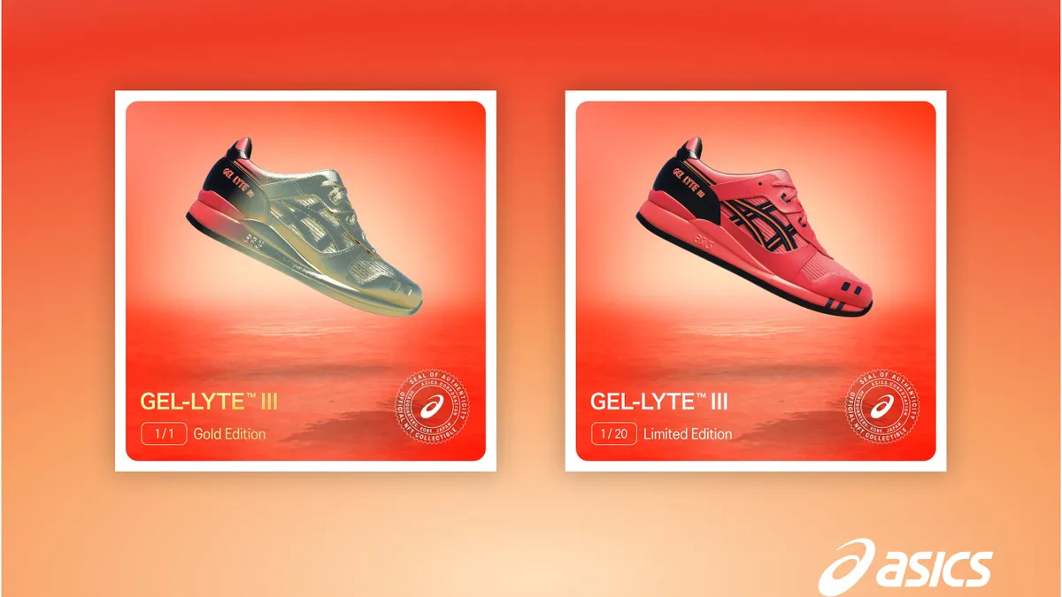 Asics first NFT shoe drop retrieved by Marketing Dive on July 12, 2021