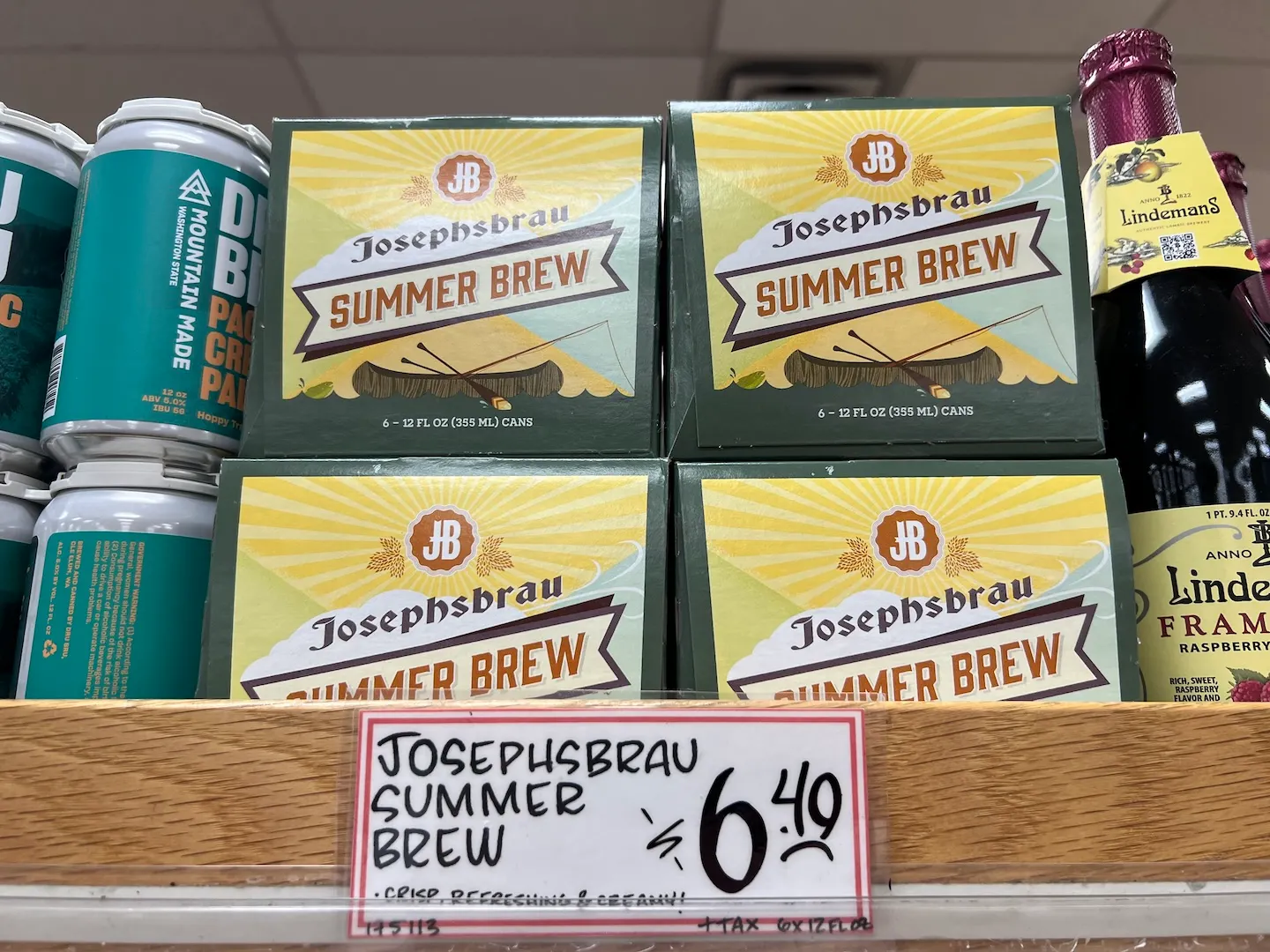 A package of Trader Joe's Josephbrau beer on a store shelf