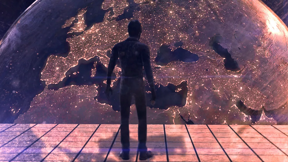 business person in front of globe