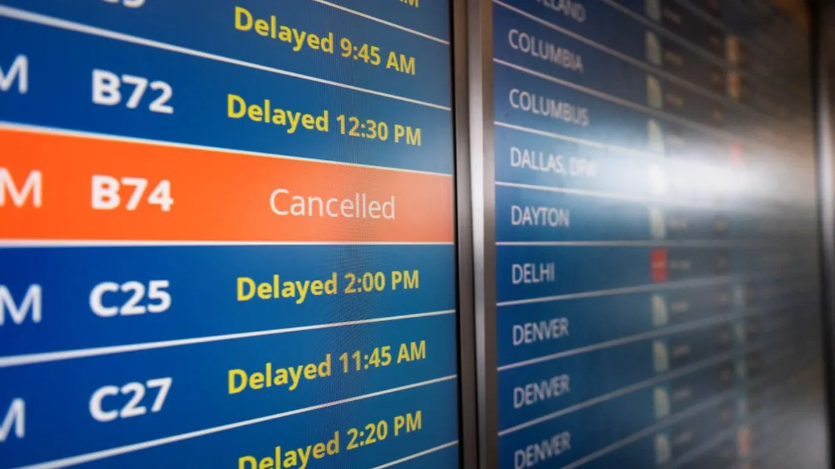 A sign shows multiple canceled and delayed flights.
