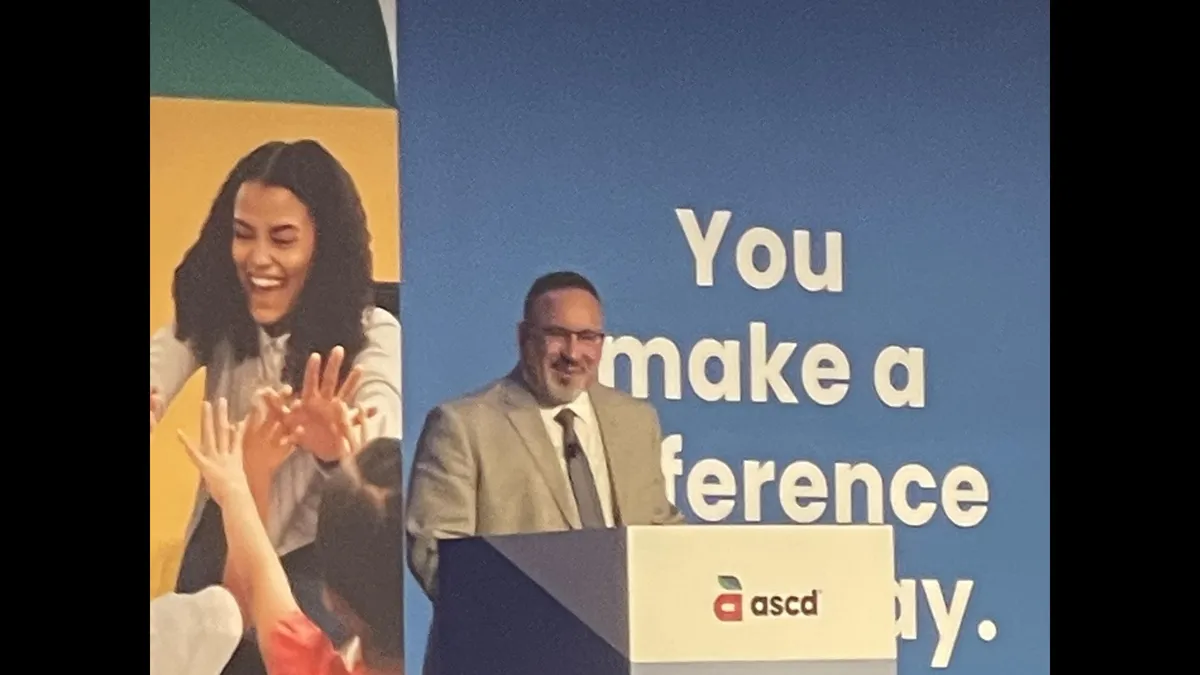 Miguel Cardona speaks at the ASCD conference in Chicago on March 21, 2022.