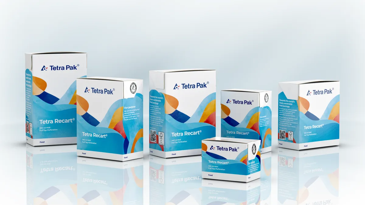 Six small boxes of different sizes with the Tetra Pak logo labeled 'Tetra Recart'