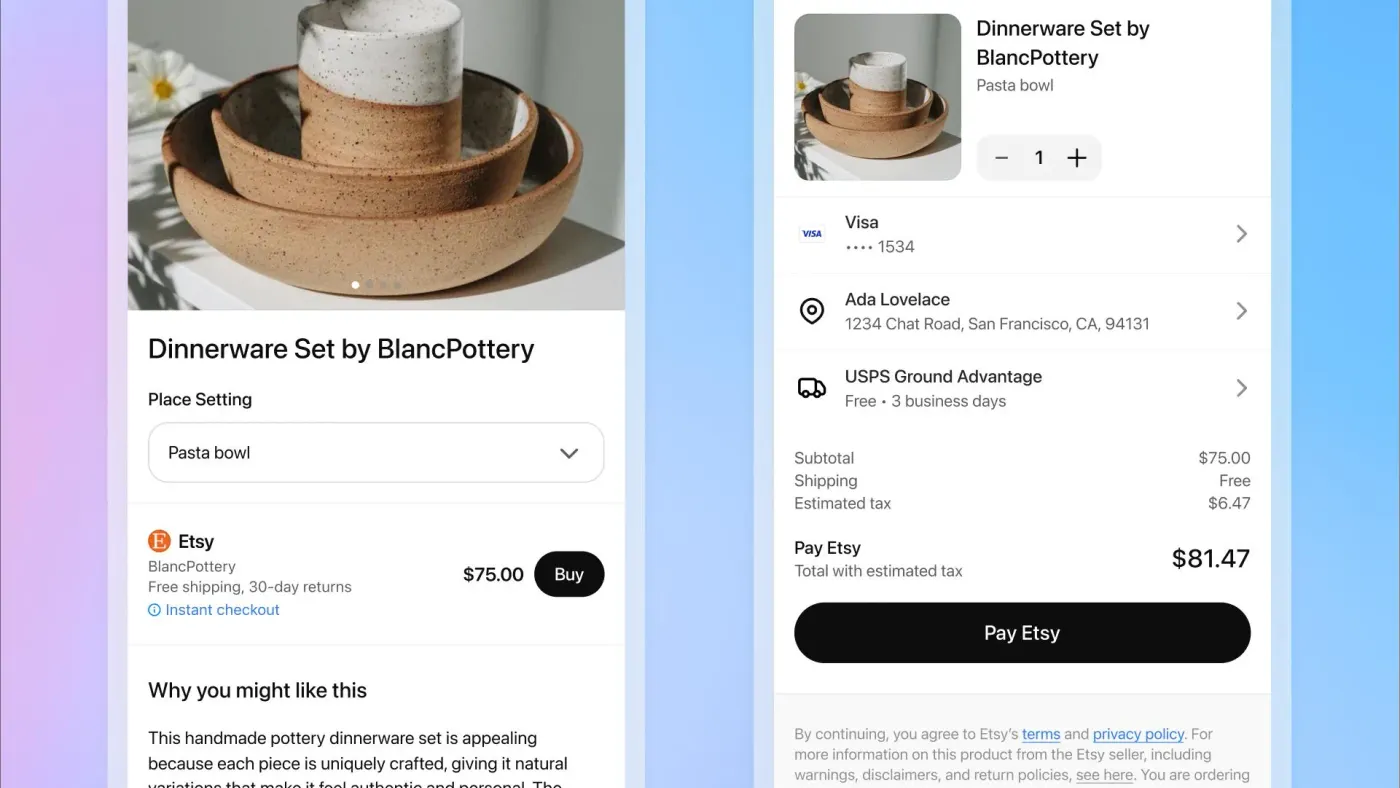Two screenshots of a mobile device purchasing a vase within the ChatGPT platform from Etsy