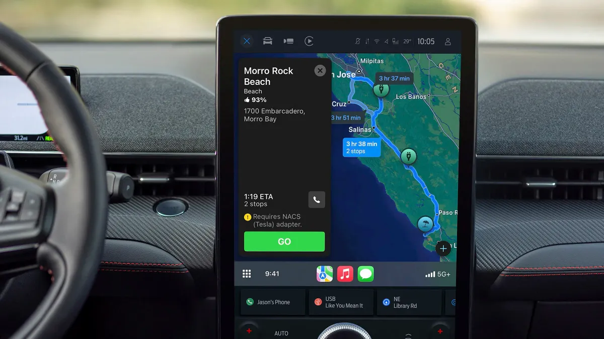 The Apple Maps interface shown on the infotainment screen of a Ford Mustang Mach-E electric SUV.