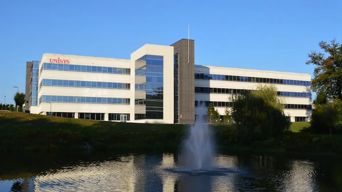 Unisys headquarter building is pictured with the technology's company's logo on the front.