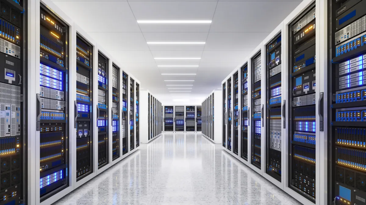 White storage and processing unit, large AI processing server room, data center storage and network processing room, SSD and hard disk drive storage, and processor cooling system,3D rendering - stock photo