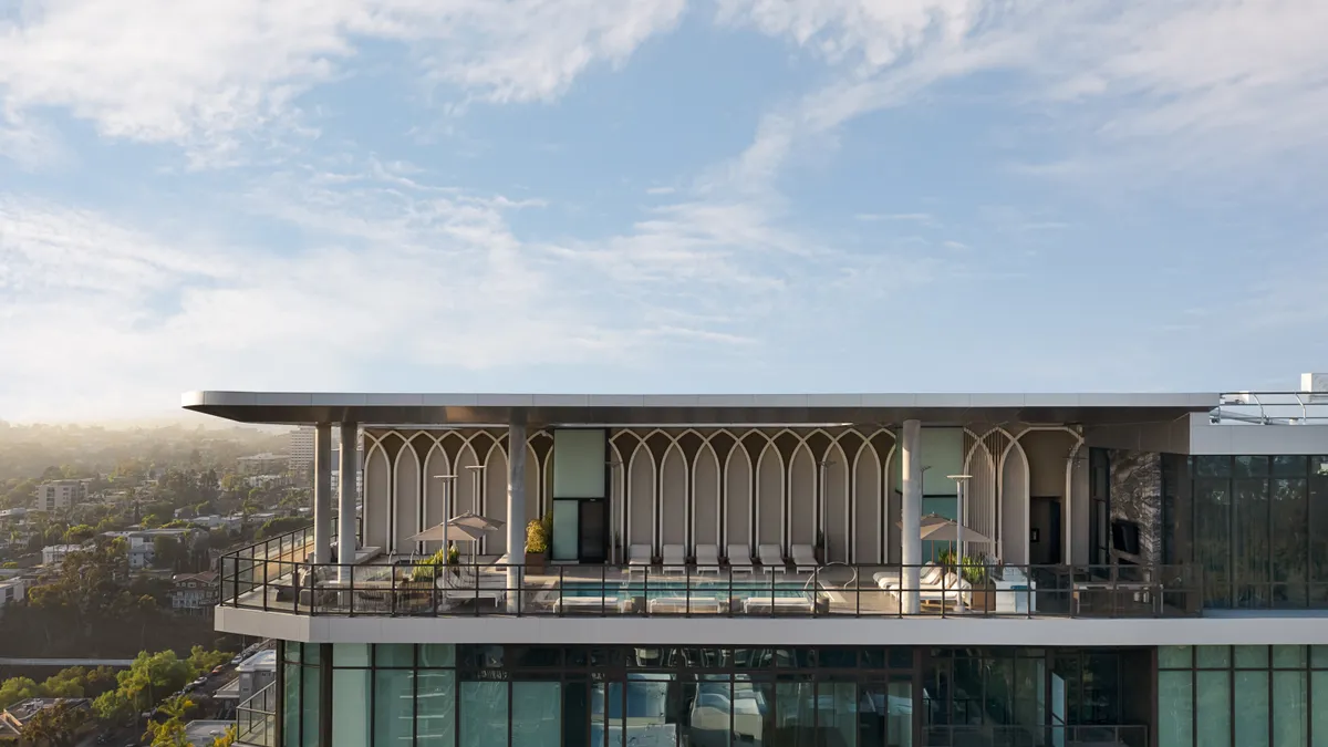 The rooftop clubhouse of a modern apartment building.