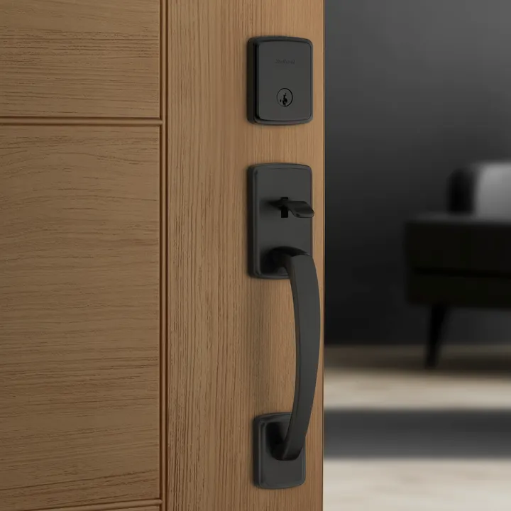A door with a handle and lock.
