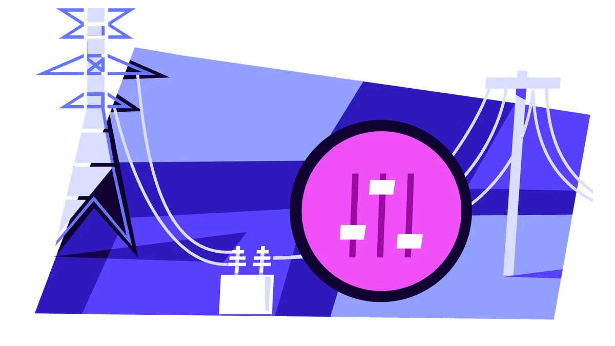 Power grid with two power lines that connect to a box in the middle