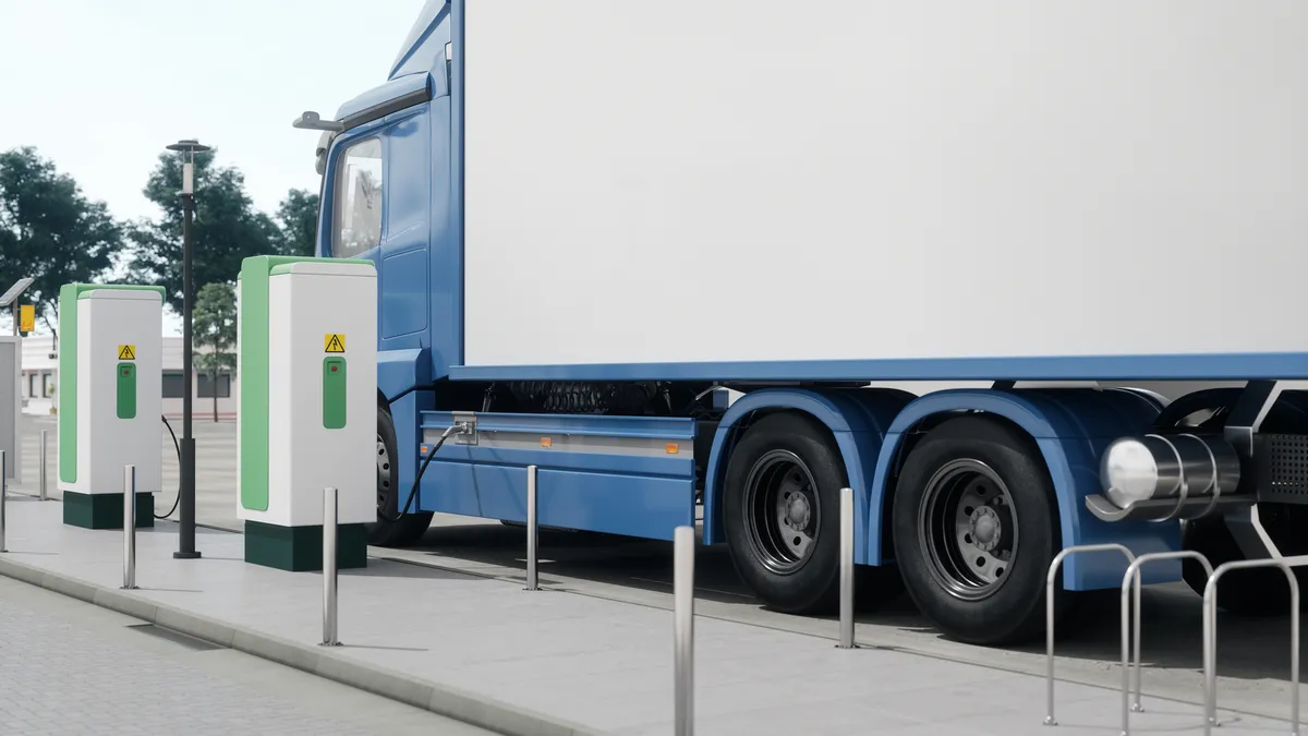 An electric truck at a charging station