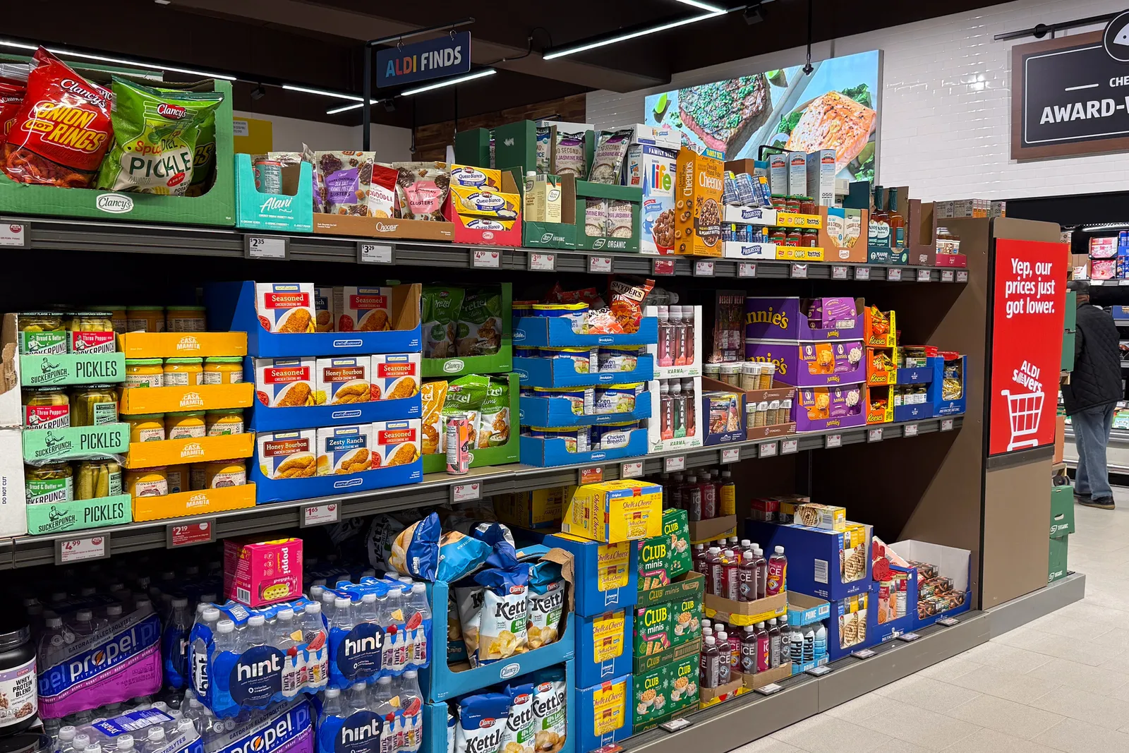 Dry goods on grocery store shelves.