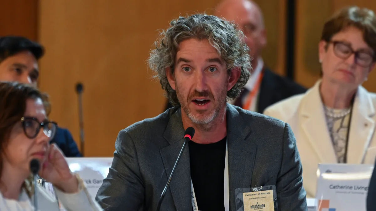 Scott Farquhar, co-founder and co-CEO of the software company Atlassian, speaks during a jobs and skills summit at Parliament House on September 1, 2022 in Canberra, Australia.