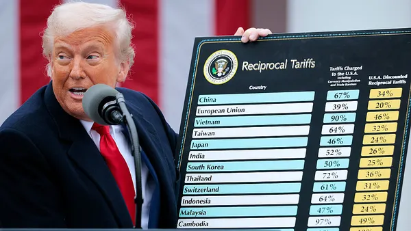 President Donald Trump holds up a chart while speaking in the White House's Rose Garden.