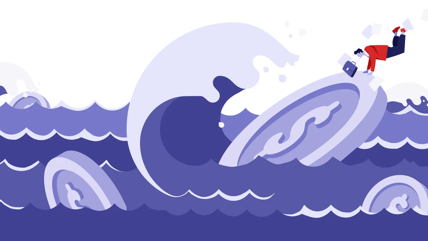 An illustration of a person hanging onto a coin in rough seas.