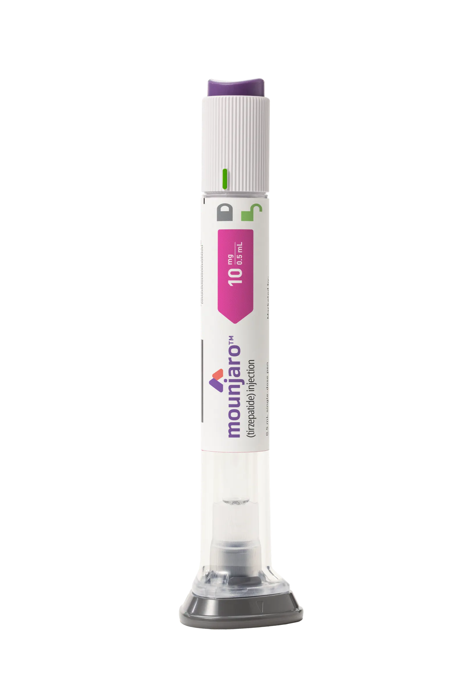 An auto-injector of Eli Lilly's metabolic drug Mounjaro is seen on a gray background
