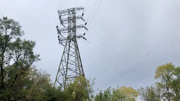 An electric transmission tower in the woods.