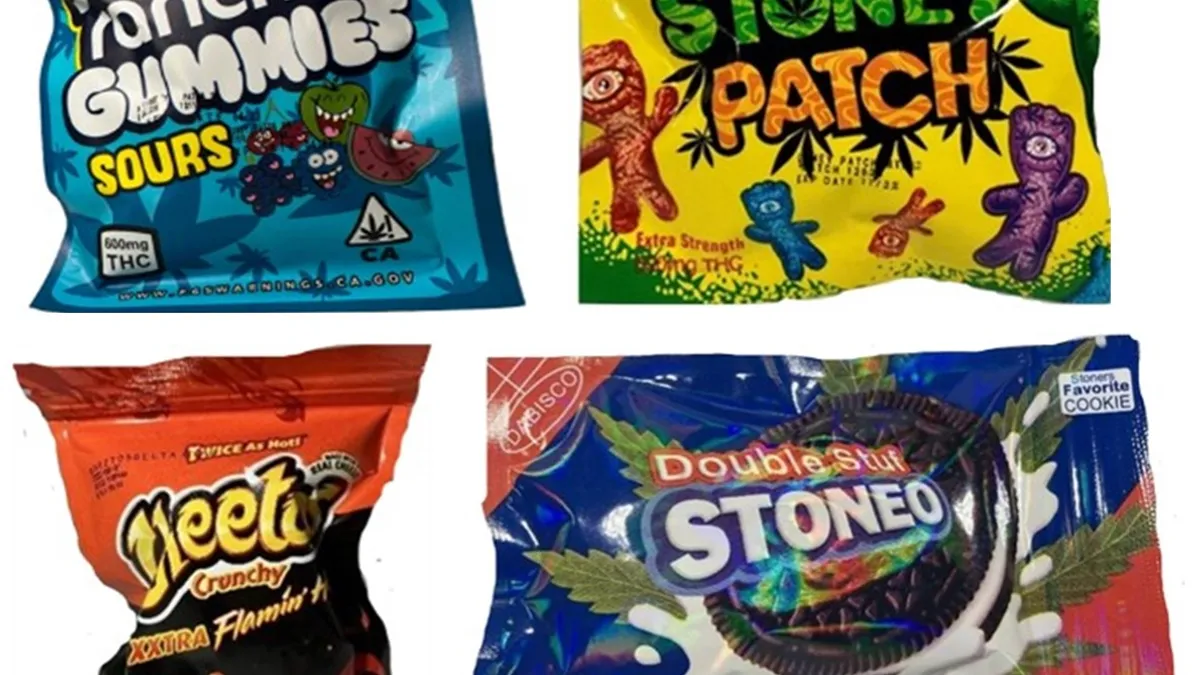 A collage of some of the products cited in FTC-FDA cease and desist letters to companies selling THC products copying the look of snacks popular with children.