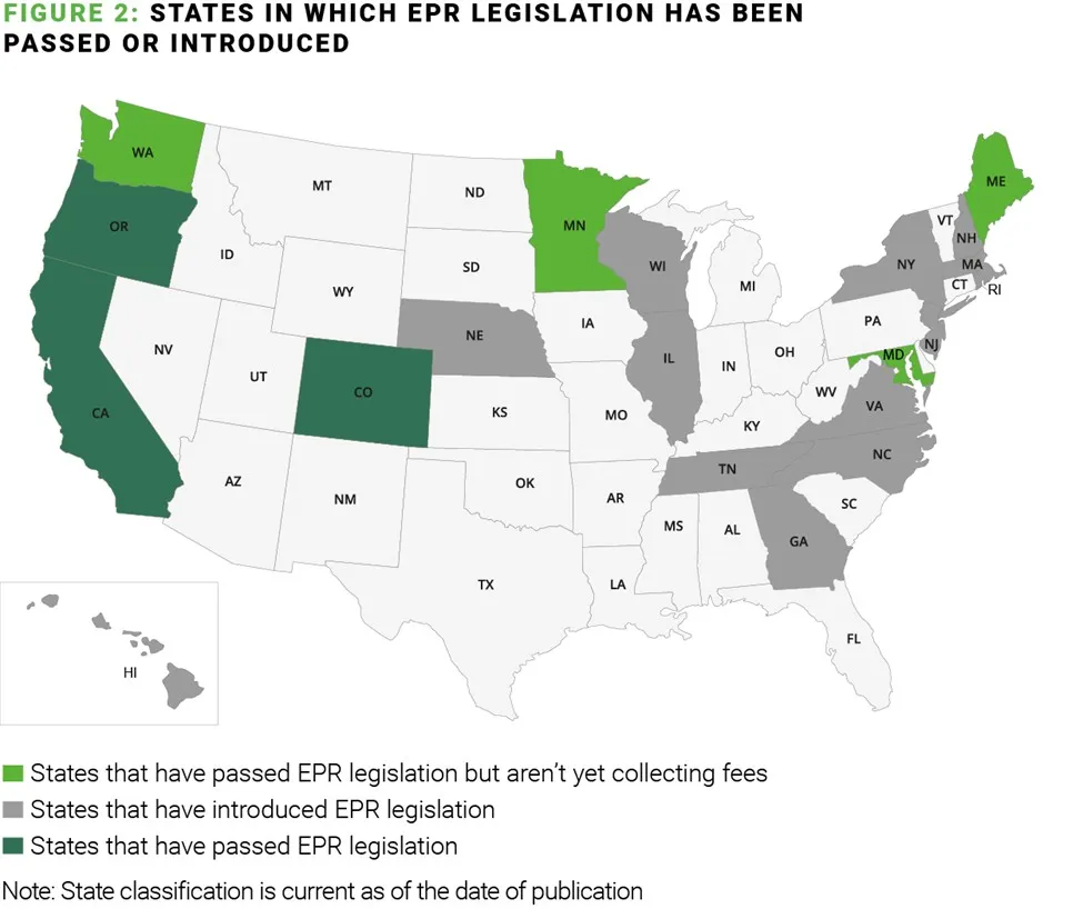 Map showing states where EPR legislation has been passed or introduced.