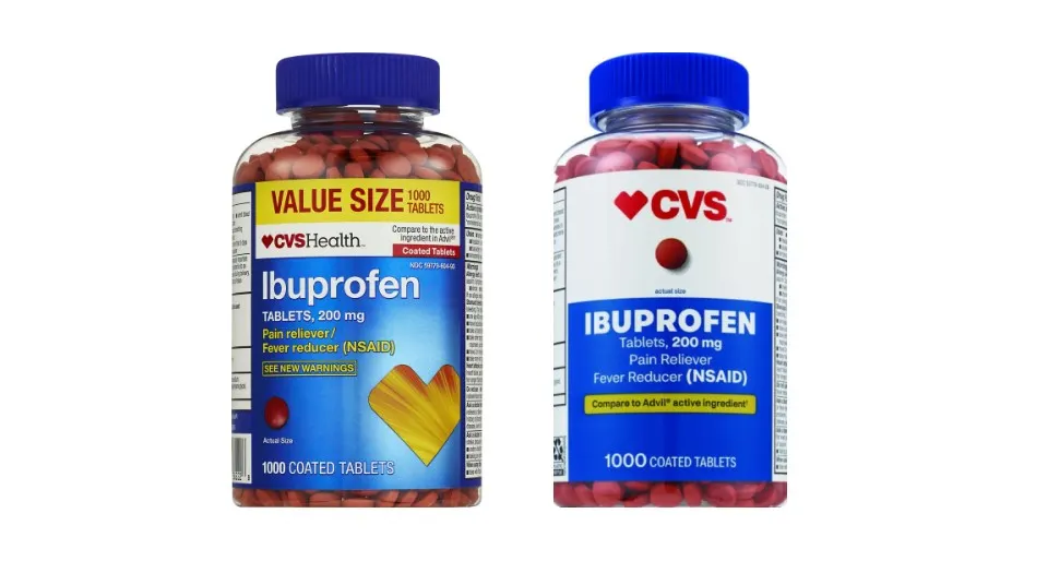 2 bottles of CVS brand ibuprofen, featuring the previous design (left) and the redesign (right)