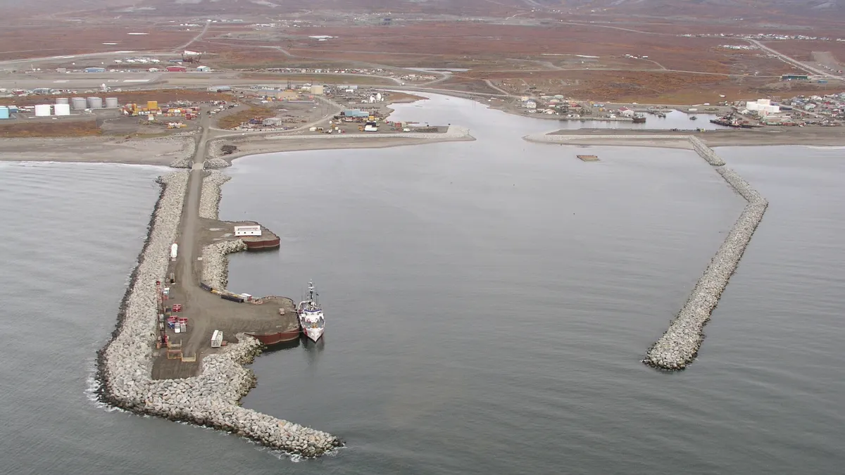 Aerial view of Nome Harbor in Nome, Alaska.