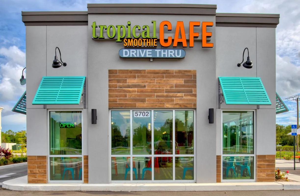 An image of a building with Tropical Smoothie Cafe signage