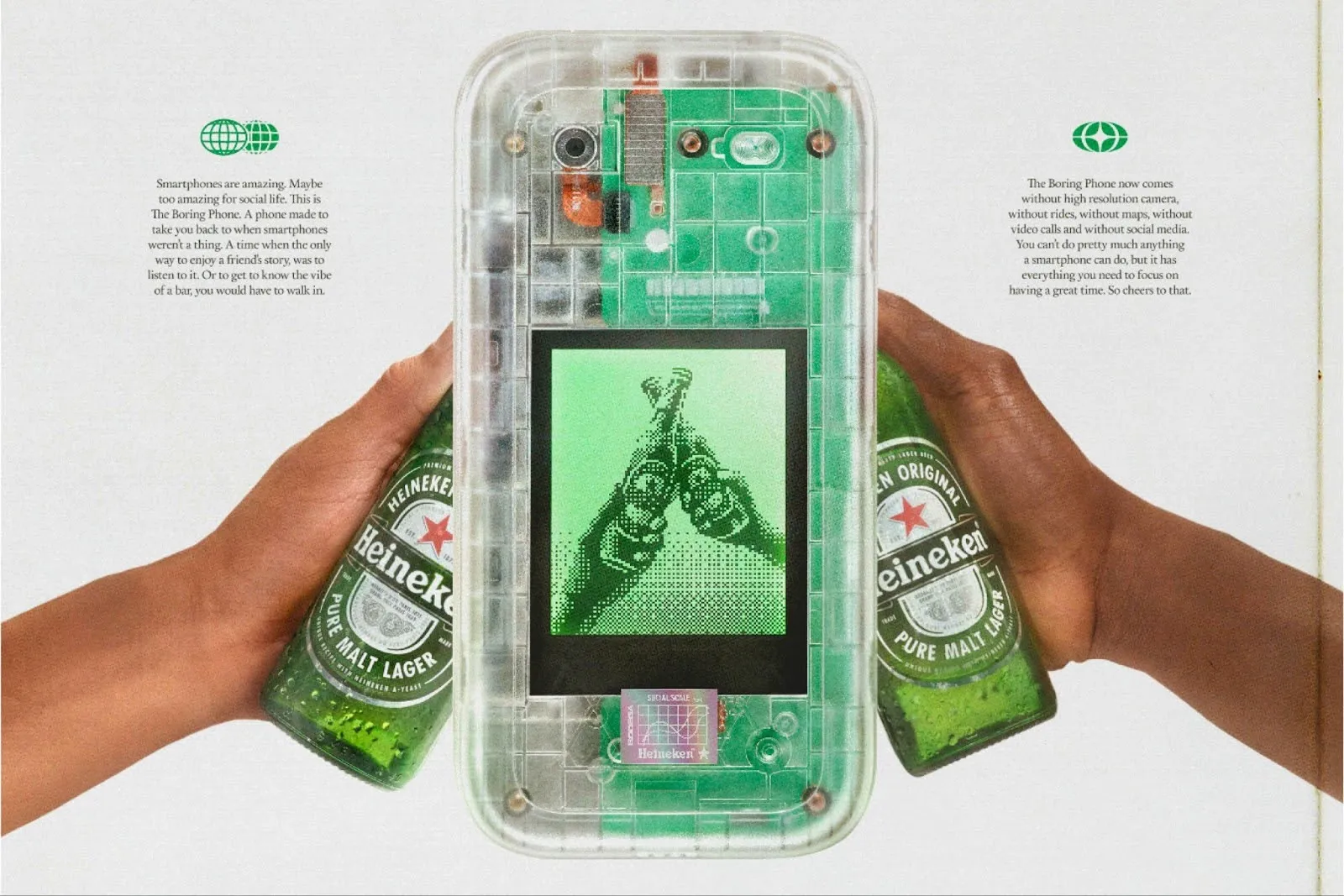 Heineken’s limited-edition “dumb phone” that lacks internet access and is inspired by brand-commissioned research that indicates a desire by younger generations to unplug.