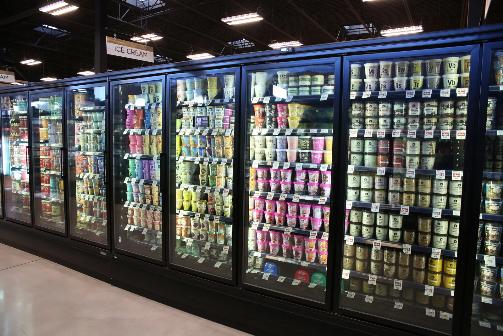 Ice cream in freezer cases.