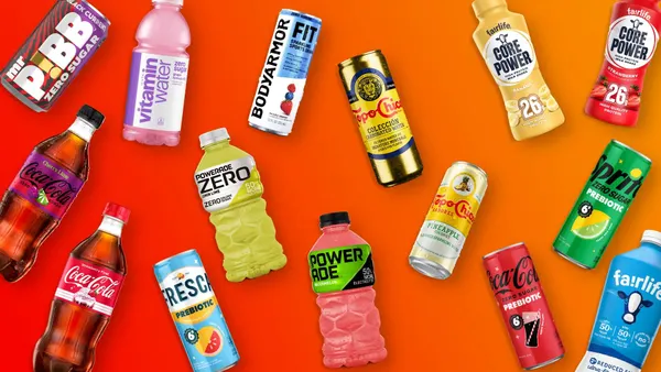 Product shots of Coca-Cola's new innovations against an orange background.