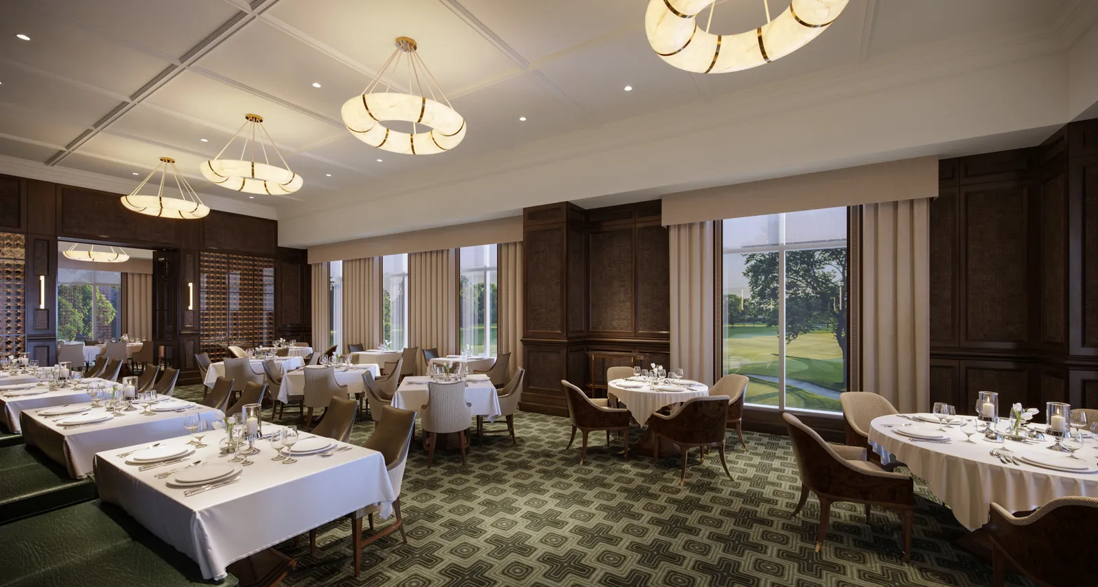 Rows of tables covered in white tablecloths at Waldorf Astoria's Bull & Bear restaurant