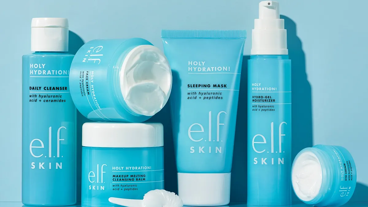 A collection of skincare products in blue containers, as part of E.l.f. Beauty's Holy Hydration skincare line.