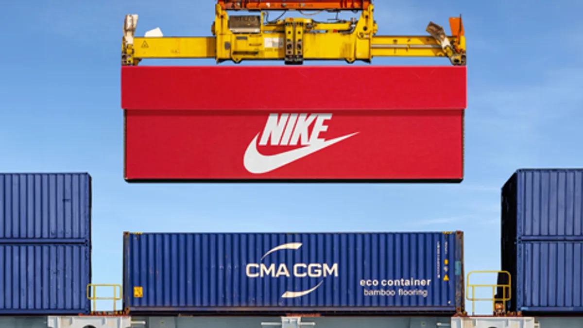 Ocean containers with the CMA CGM logo and a Nike shoebox