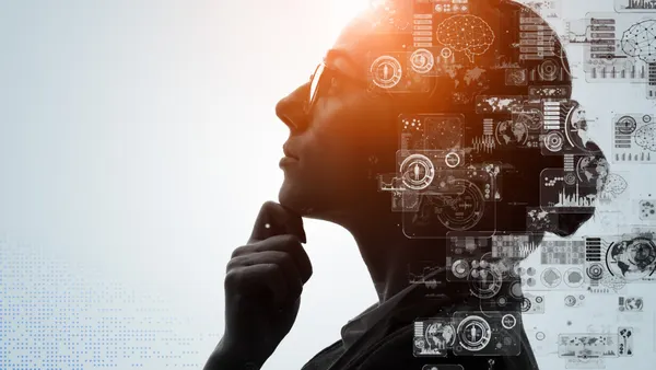 A person in profile, hand on chin, contemplates. Overlaid with technology icons and graphs, conveying innovation and futuristic thinking.