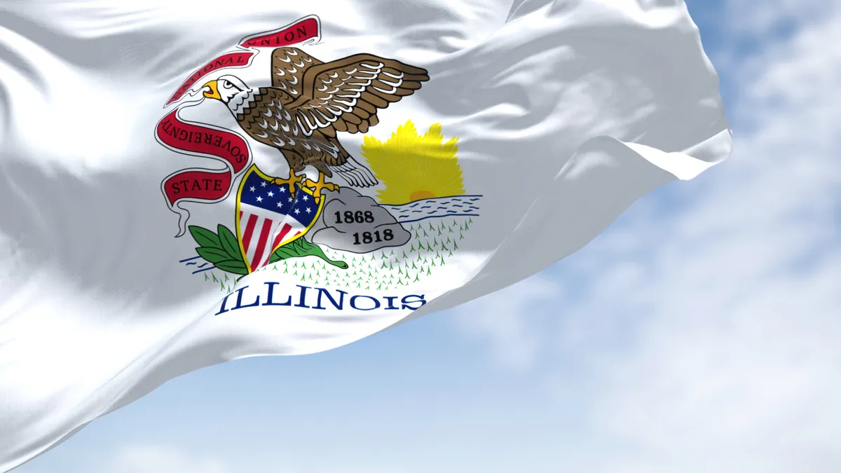 Illinois state flag blows in the wind