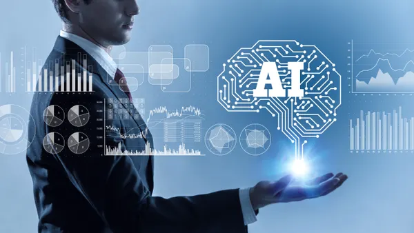 A businessperson with a generative AI brain concept above his hand