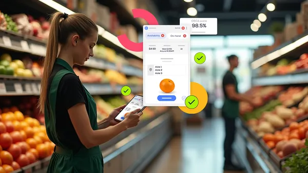 A grocery store employee uses a mobile app to check fruit availability and inventory accuracy.