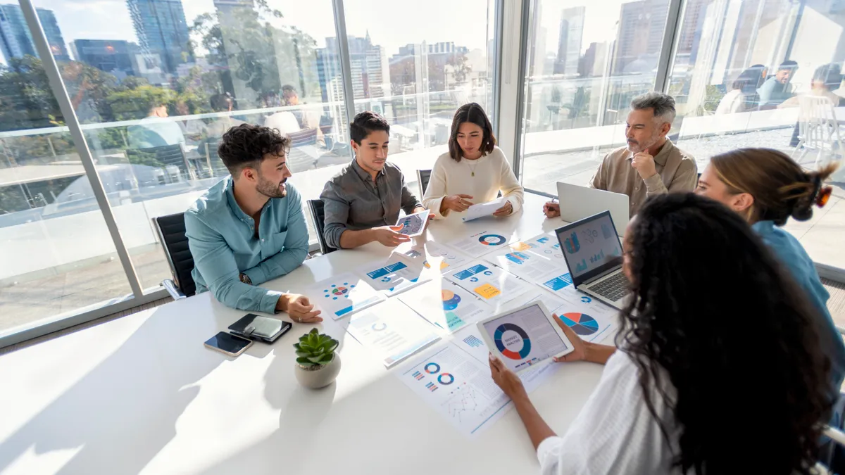 A diverse group of people working with paperwork on a board room table at a business presentation or seminar.