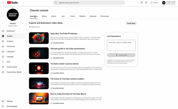 YouTube Inspiration Tab