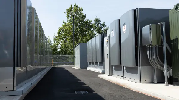 Row of modern fuel cell systems installed in outdoors.