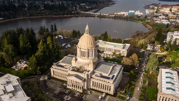 In this aerial view from a drone, the Washington State Capitol