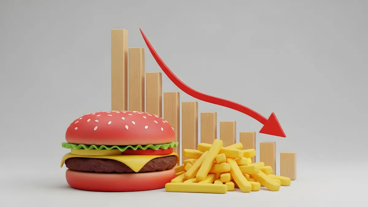 Animated image of a graph behind burger and fries