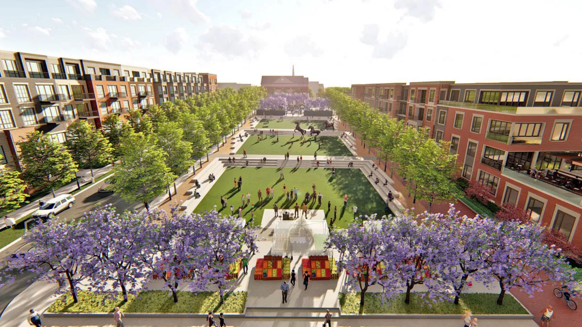 A park between two apartment buildings, with a farmers' market at the near end.