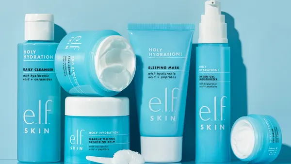 A collection of skincare products in blue containers, as part of E.l.f. Beauty's Holy Hydration skincare line.