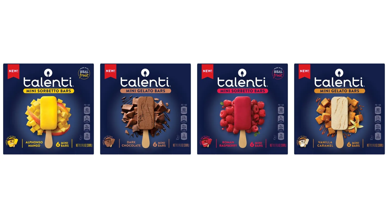 Boxes of four varieties of Talenti's Mini Bars in gelato and sorbetto varieties