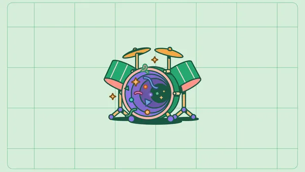 Drum illustration with a green theme. Other colors include purple, pink and yellow. Slight confetti.