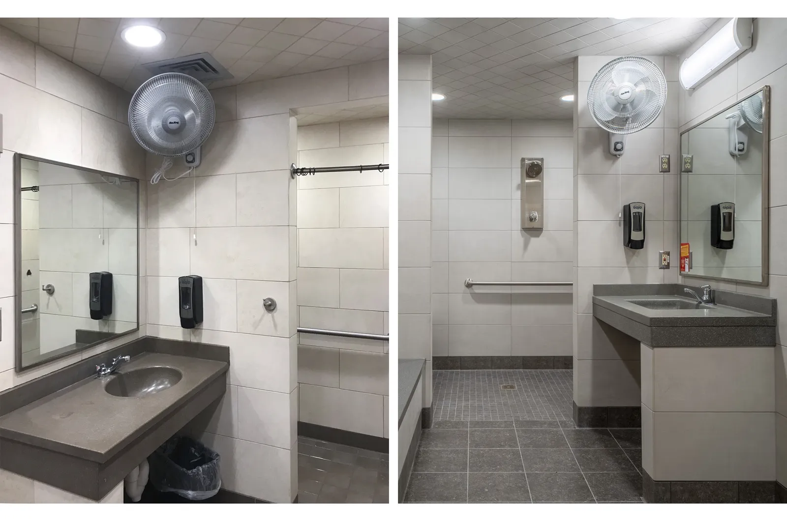 Before and after photos of the Pilot shower areas.