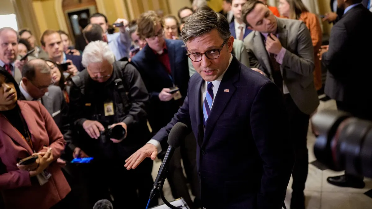 House Speaker Mike Johnson, R-La., speaks to reporters after the House passes the Republicans' budget plan at the U.S. Capitol on April 10, 2025 in Washington, D.C.