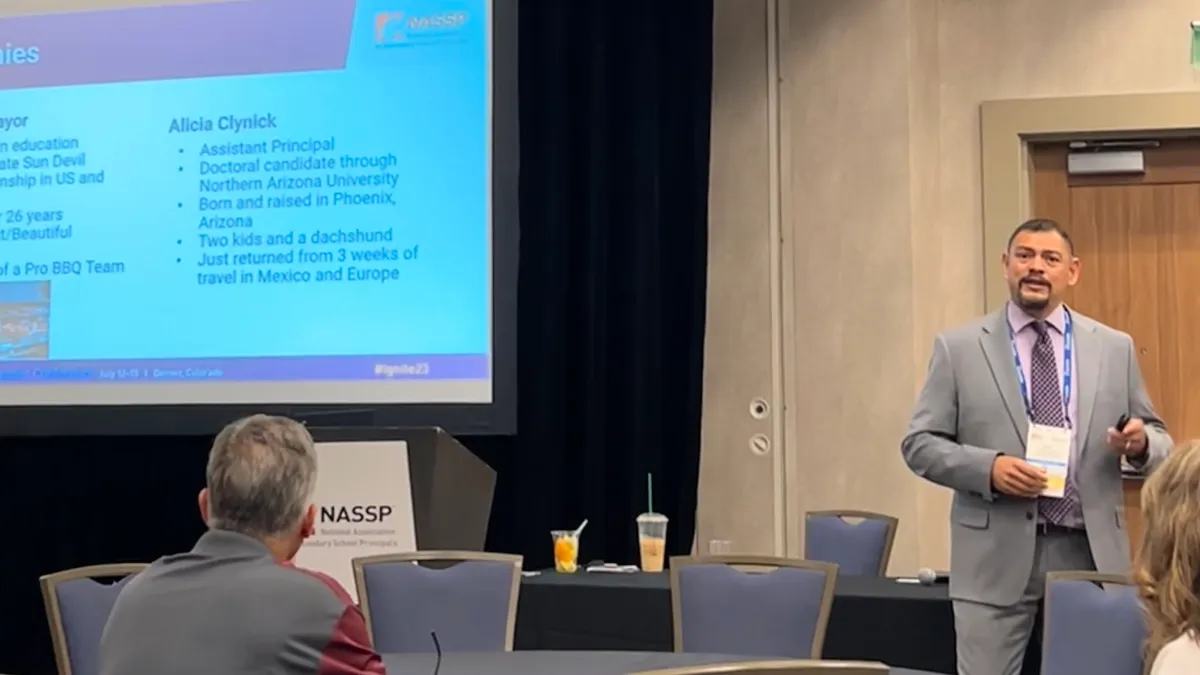 Isaac Middle School Principal Kevin Sotomayor speaks at the NASSP Ignite 2023 conference in Denver, Colorado about how he embraced school culture as a strategy to dodge a state takeover.