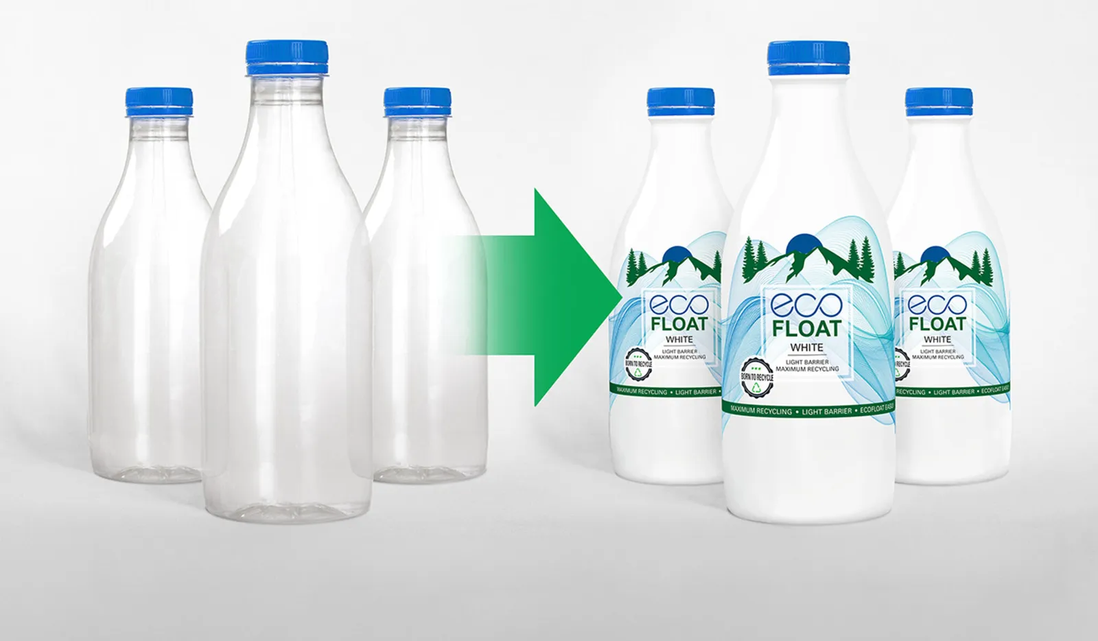 A graphic showing milk bottles with white shrink labels on the outside.