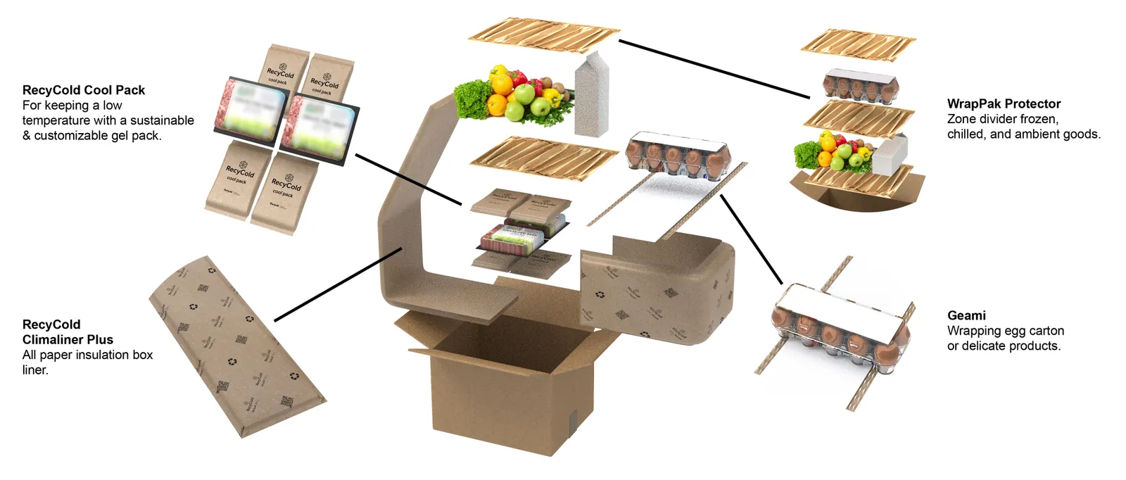 A rendering showing the different components of Ranpak&#x27;s climaliner Plus fiber-based box for shipping cold chain products.