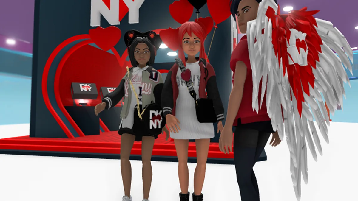 Roblox image of characters standing near a DKNY branded stage.